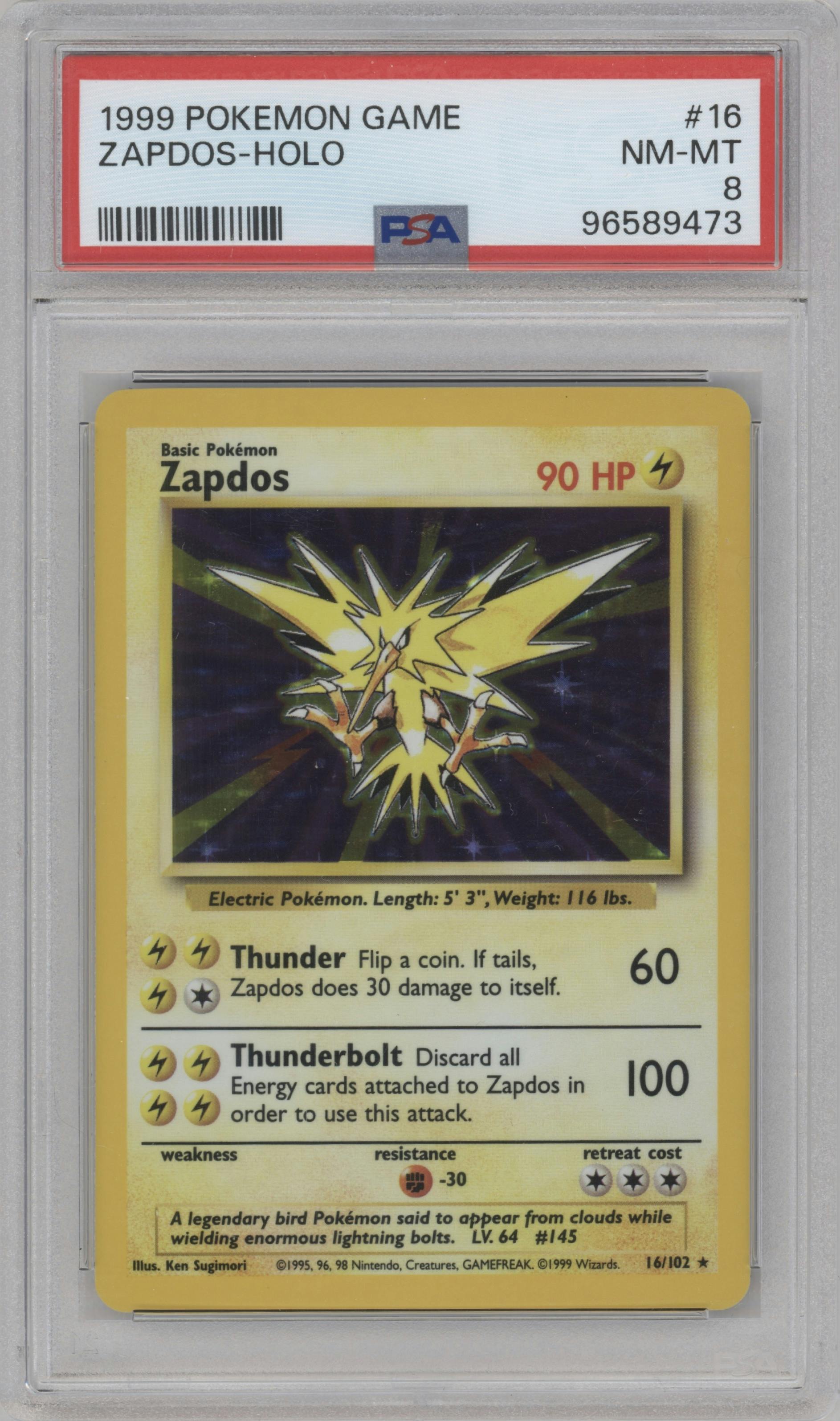Zapdos from the 1999 Pokemon set graded by PSA and given an overall grade of 8.
