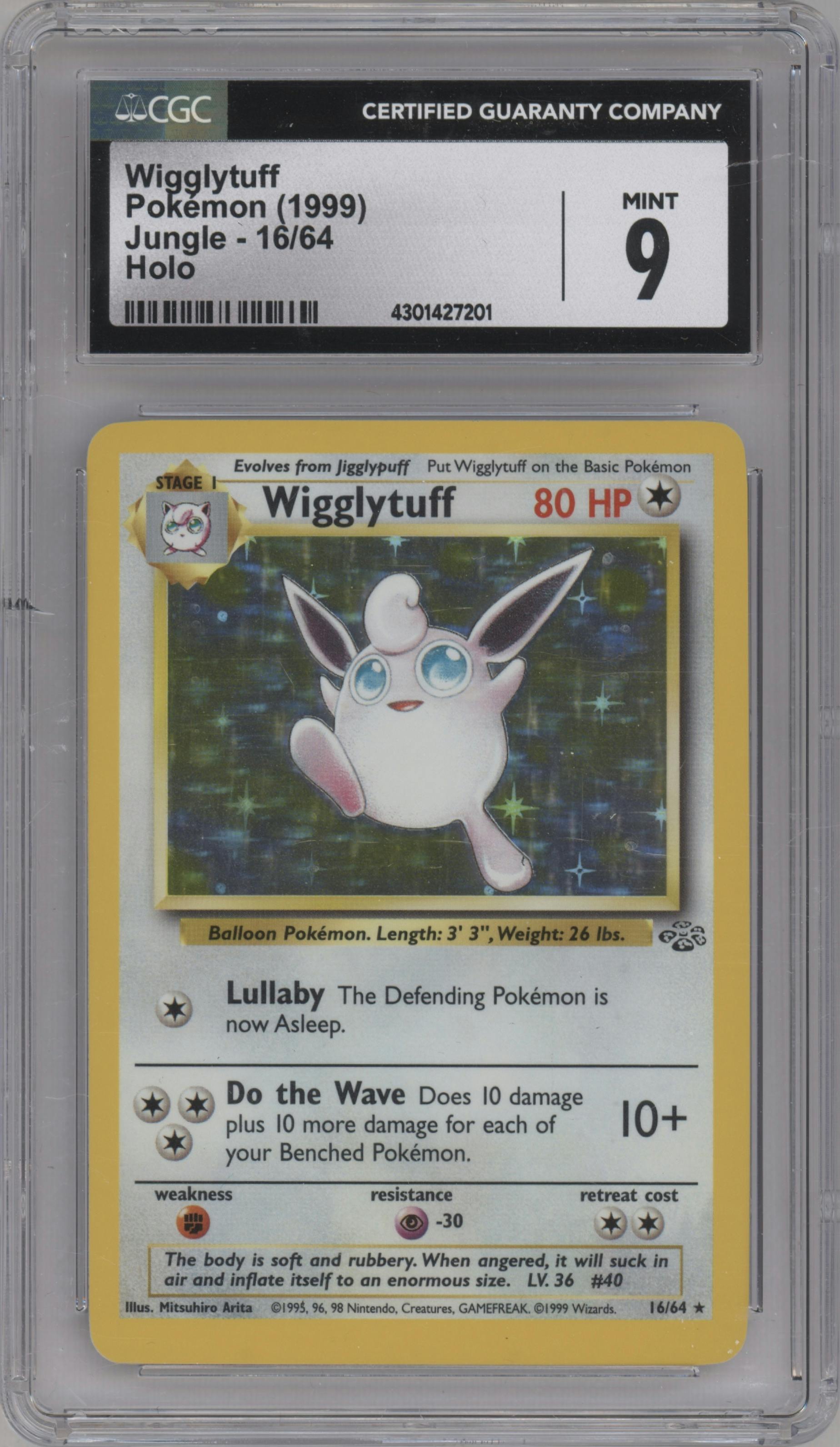 Wigglytuff from the 1999 Pokemon set graded by CSG and given an overall grade of 9.