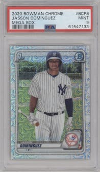 Jasson Dominguez from the 2020 Bowman Mega Box Chrome set graded by PSA and given an overall grade of 9.