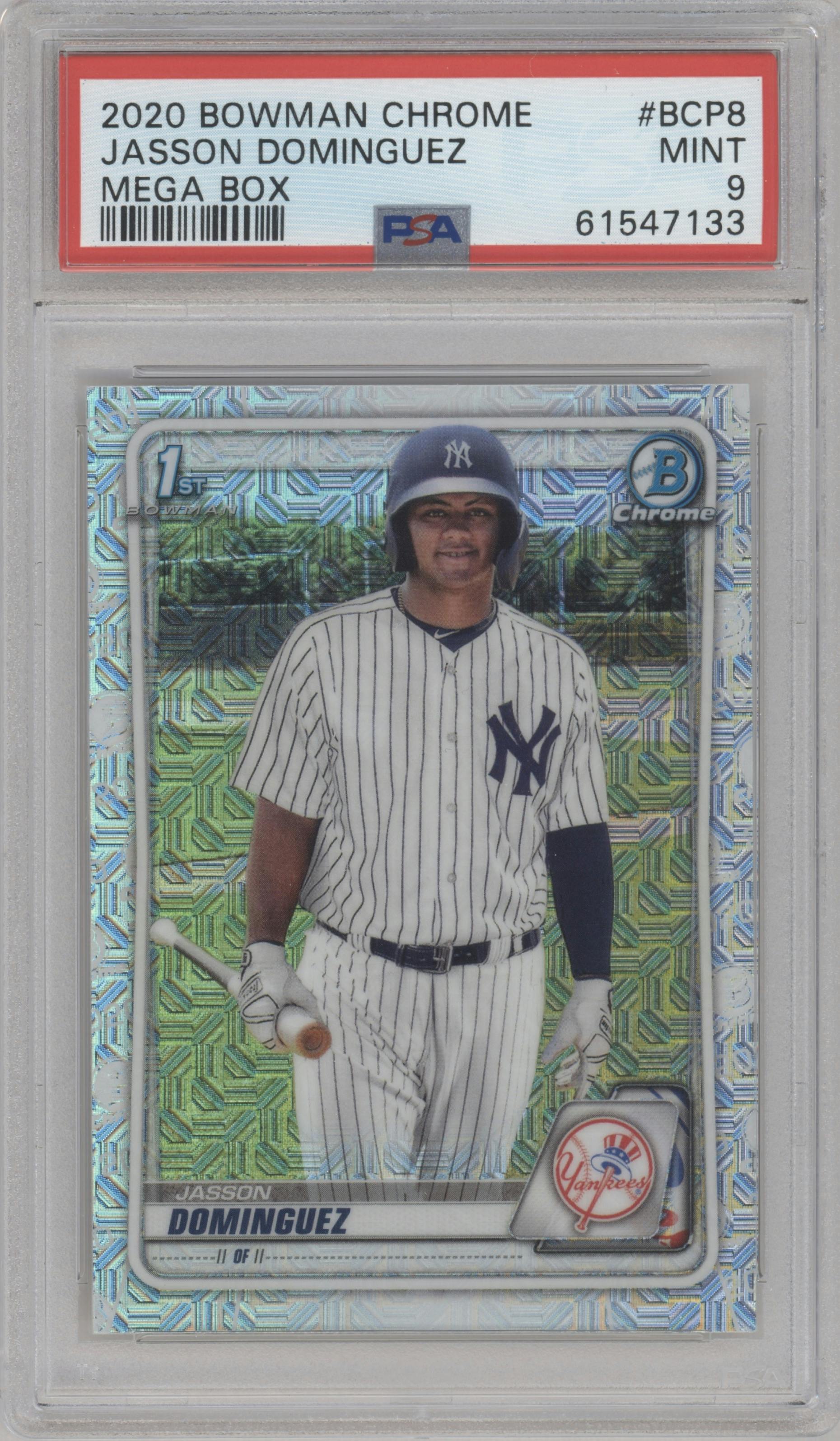 Jasson Dominguez from the 2020 Bowman Mega Box Chrome set graded by PSA and given an overall grade of 9.