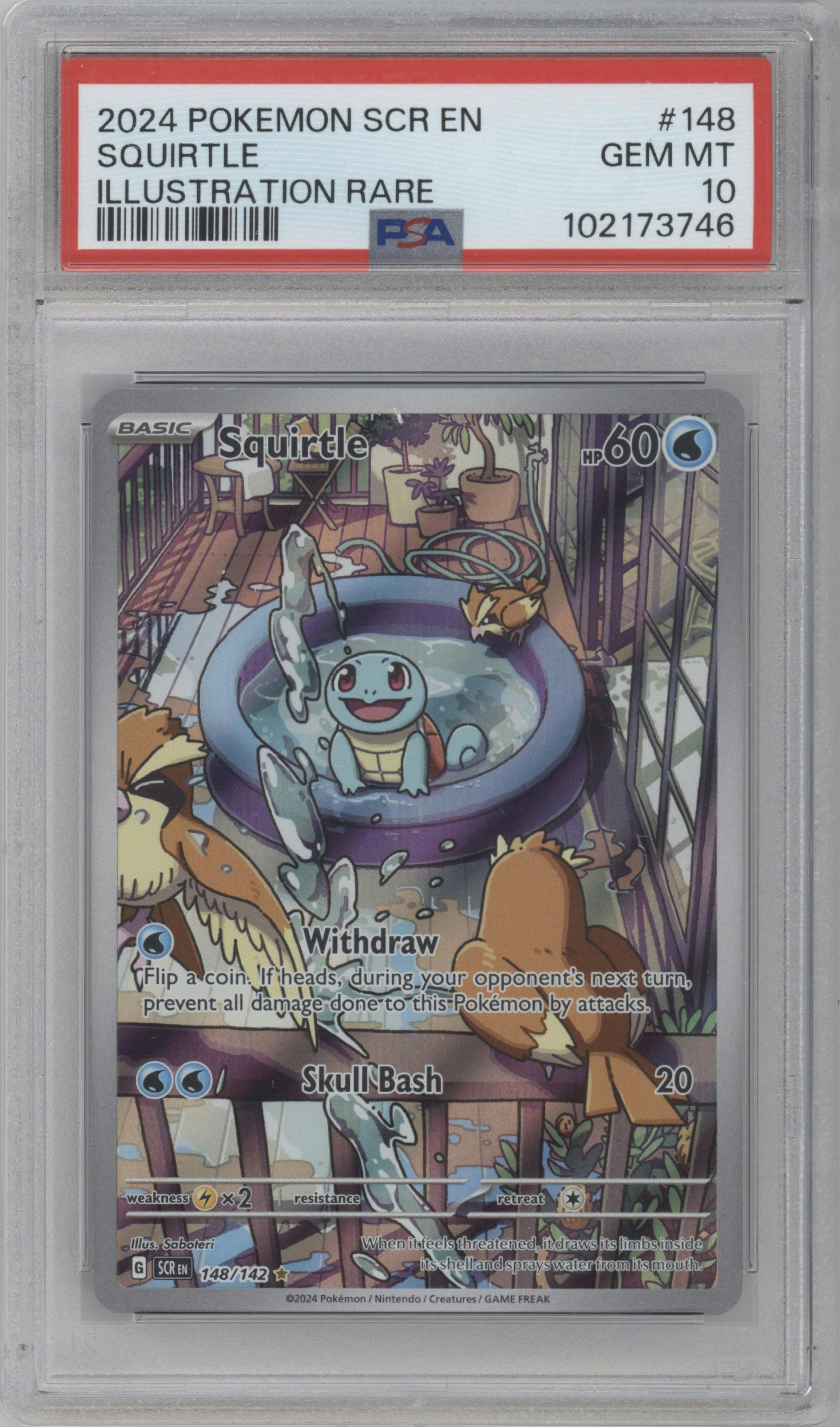 Squirtle from the 2024 Pokemon SV set graded by PSA and given an overall grade of 10.