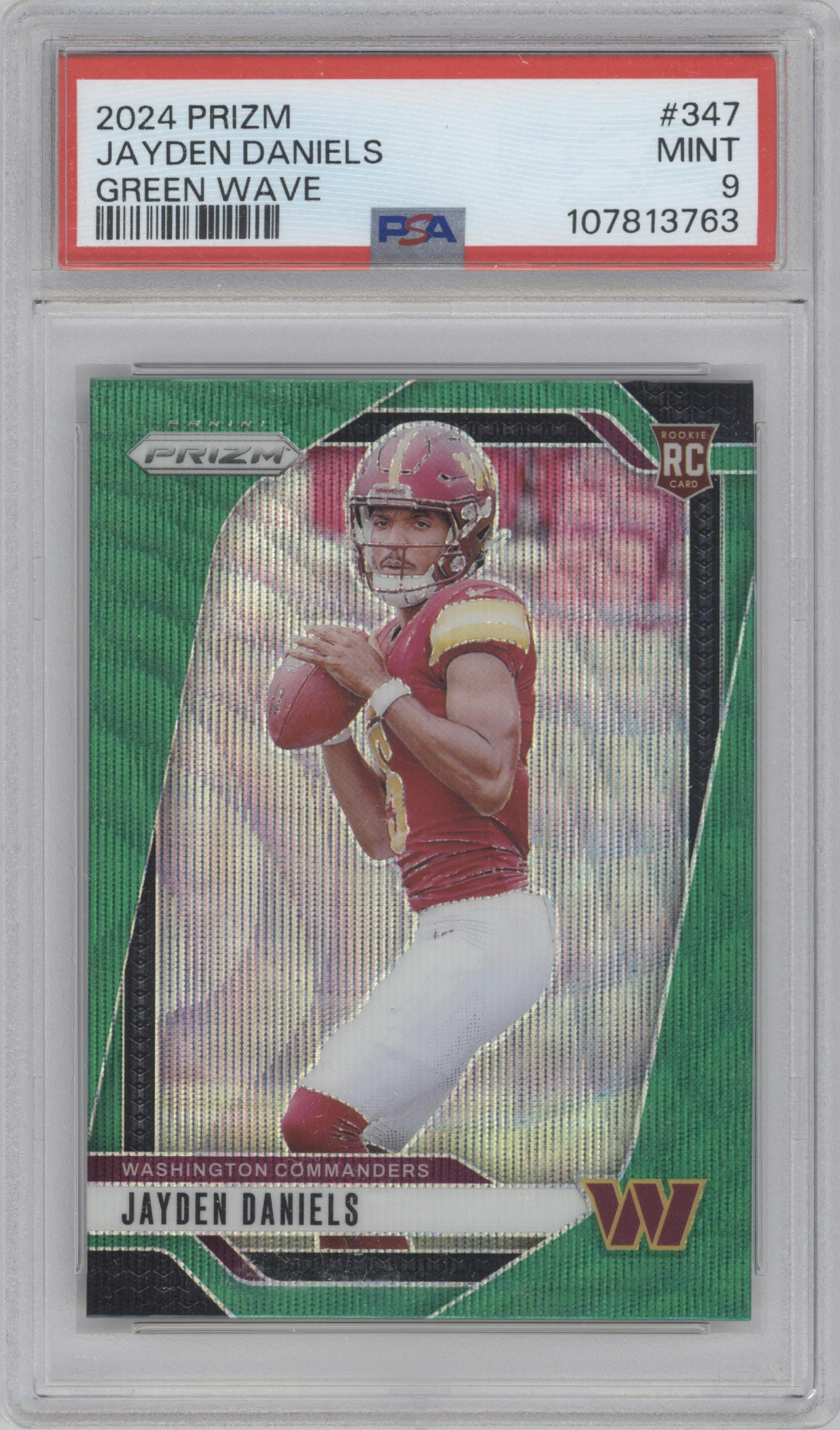 Jayden Daniels from the 2024 Panini Prizm set featuring a Green Wave parallel graded by PSA and given an overall grade of 9.