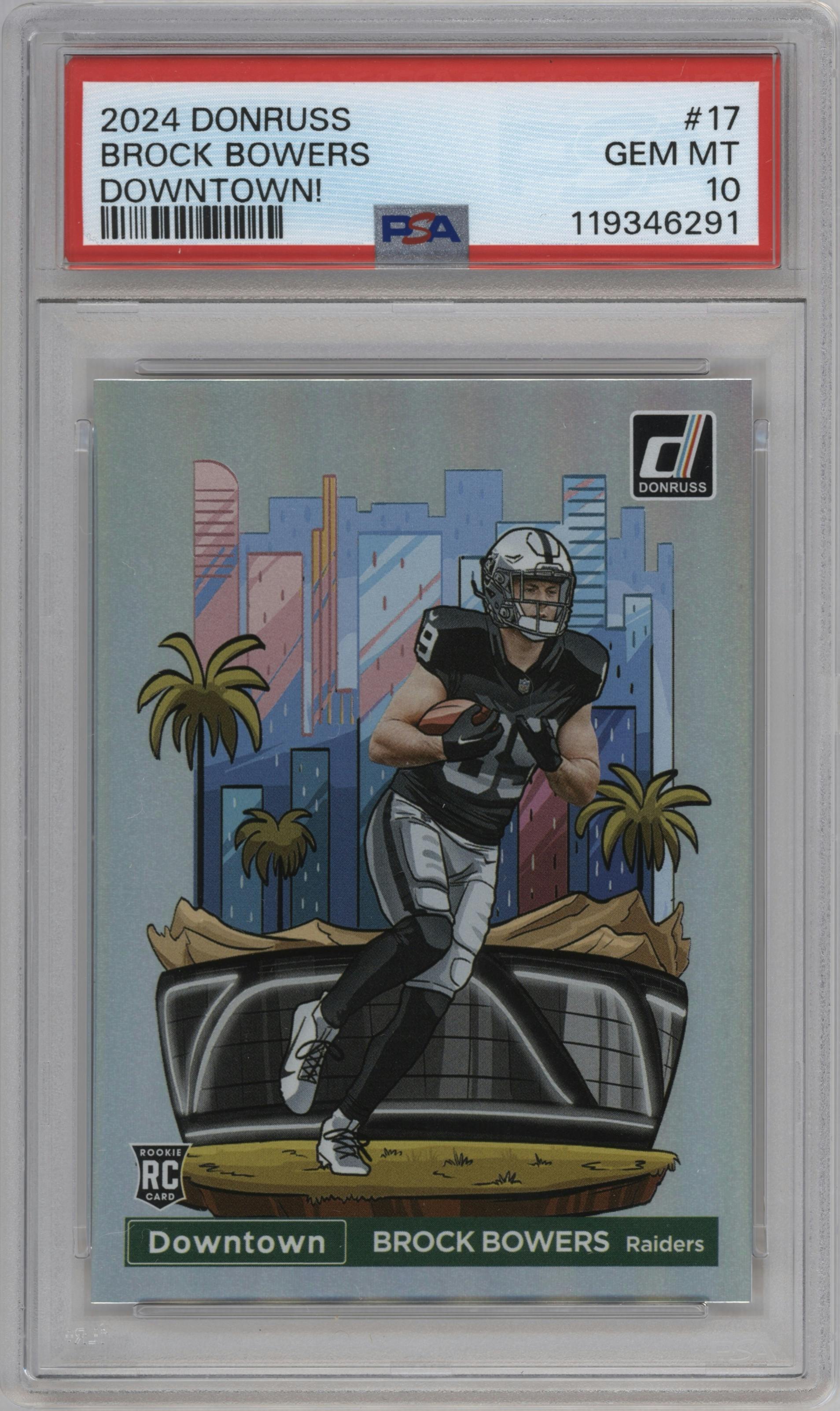 Brock Bowers from the 2024 Donruss set graded by PSA and given an overall grade of 10.