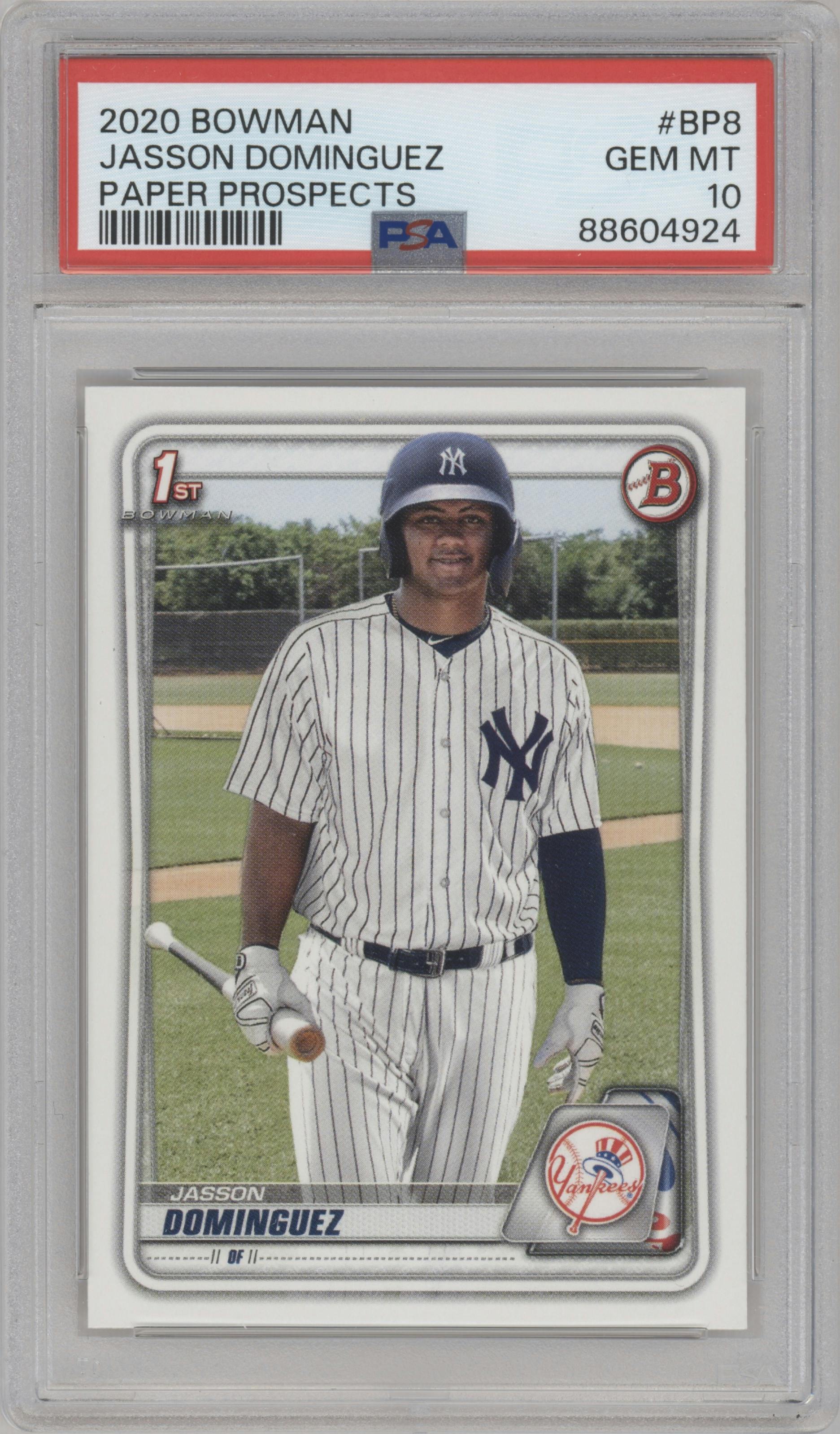 Jasson Dominguez from the 2020 Bowman set graded by PSA and given an overall grade of 10.