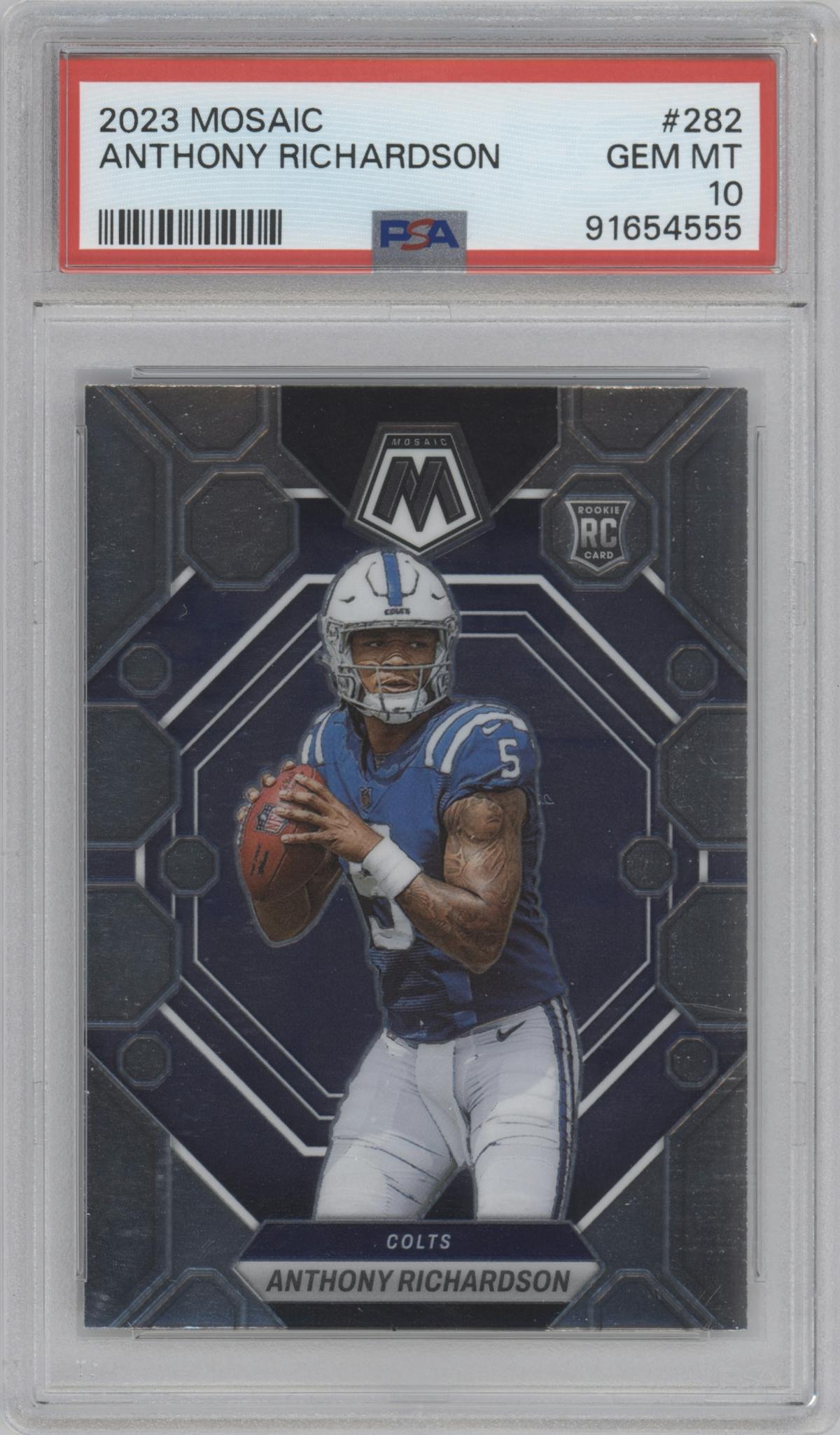 Anthony Richardson from the 2023 Panini Mosaic set graded by PSA and given an overall grade of 10.