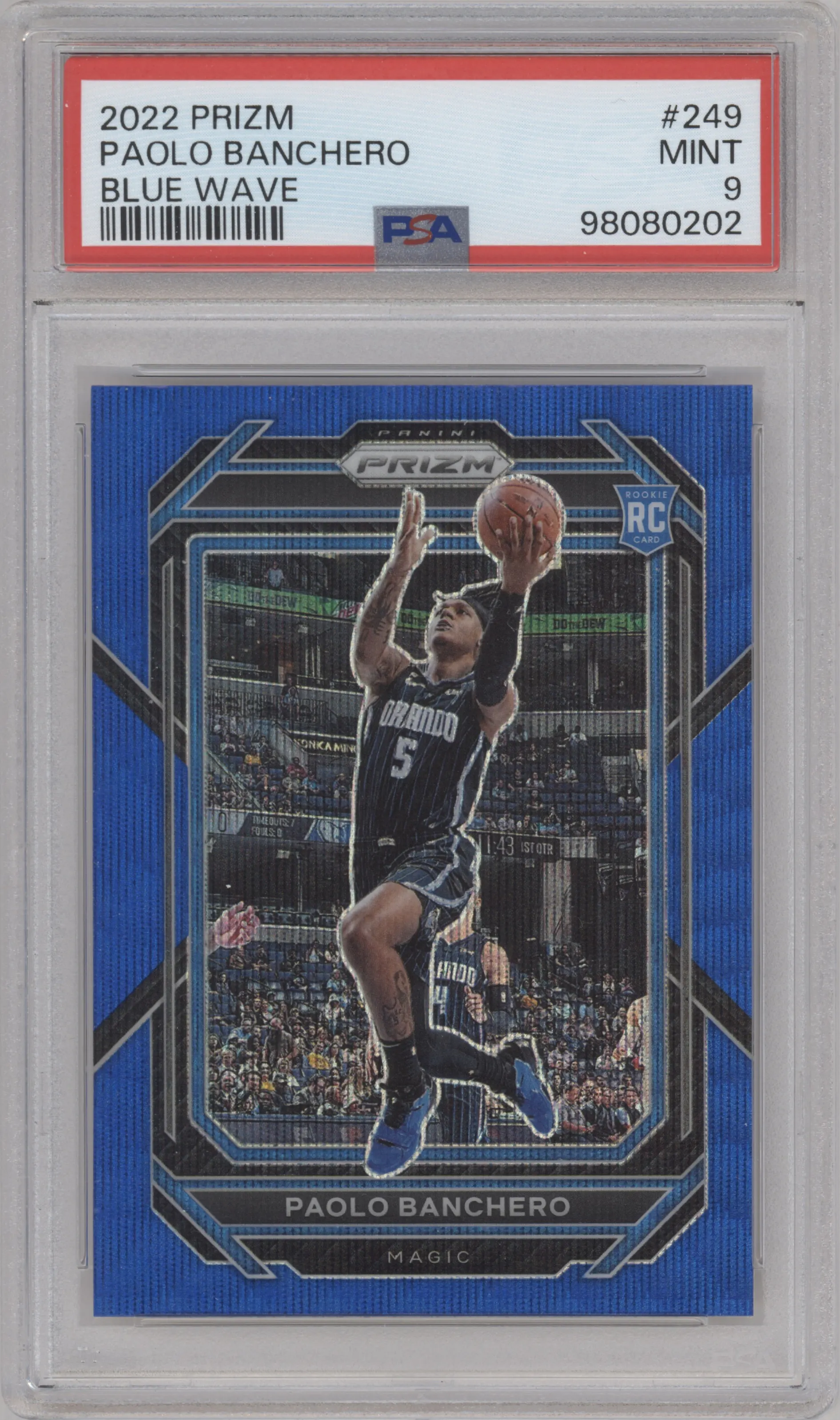 Paolo Banchero from the 2022-23 Panini Prizm  set featuring a Blue Wave parallel graded by PSA and given an overall grade of 9.