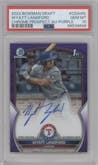 Wyatt Langford from the 2023 Bowman Draft set featuring a Purple Refractor parallel graded by PSA and given an overall grade of 10.