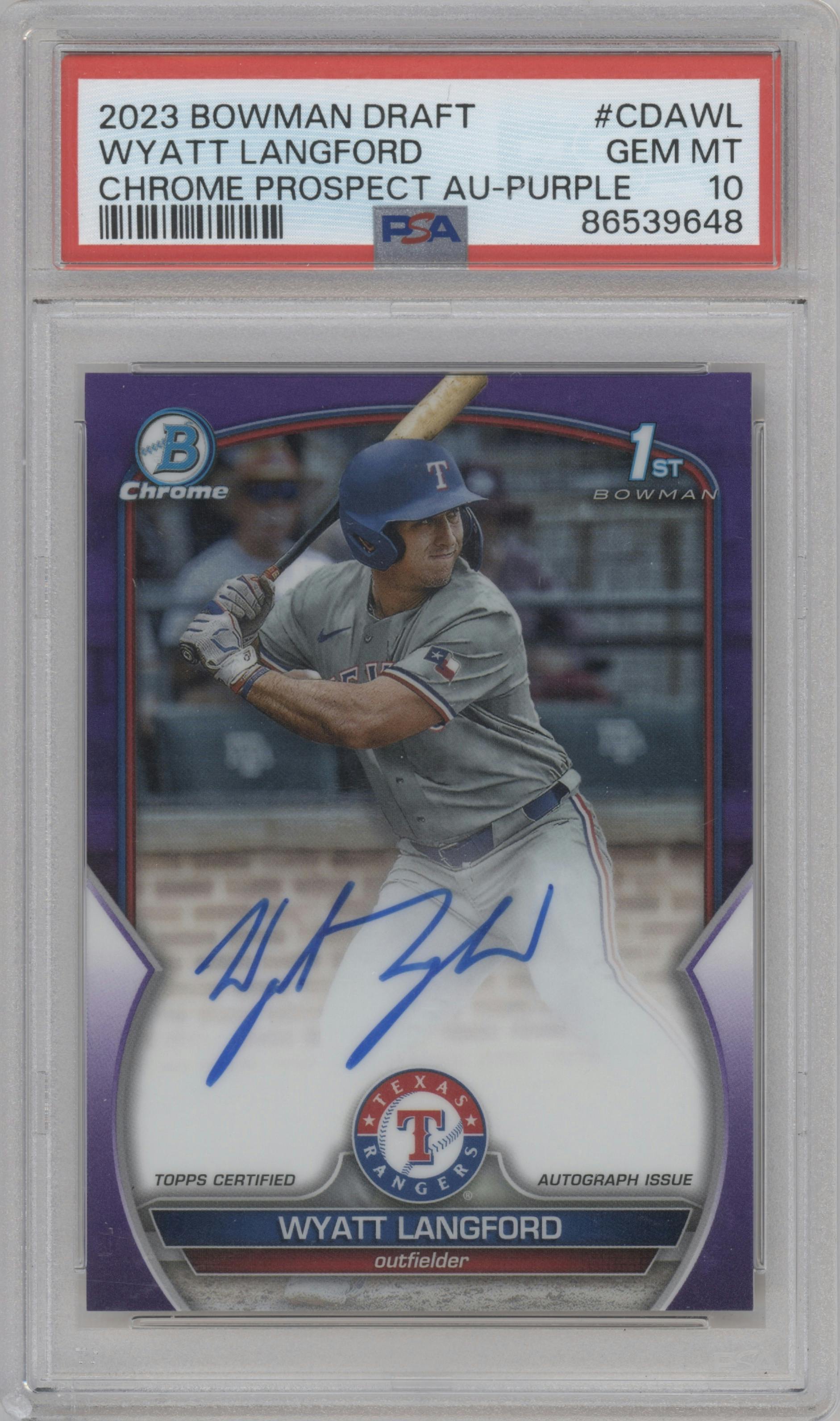 Wyatt Langford from the 2023 Bowman Draft set featuring a Purple Refractor parallel graded by PSA and given an overall grade of 10.