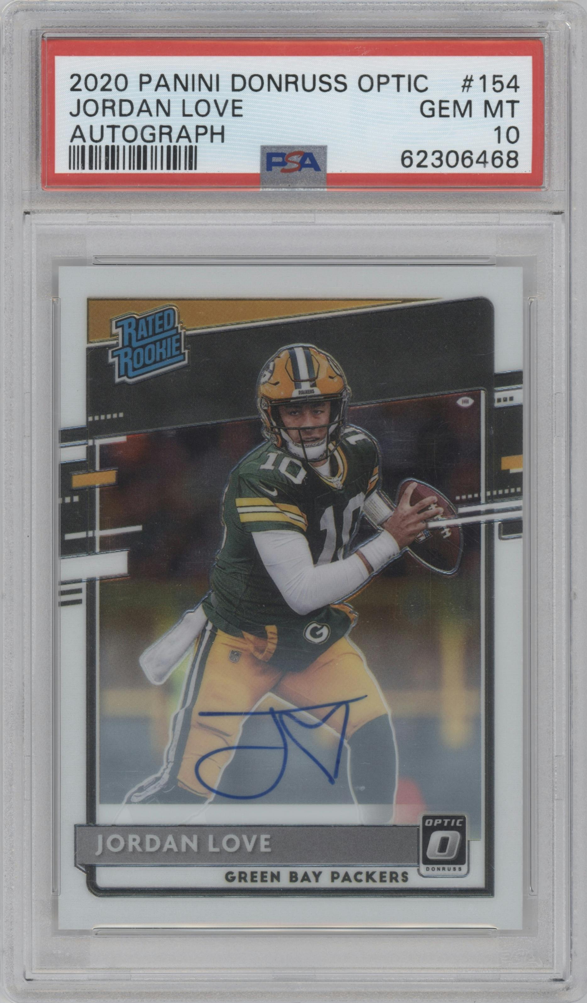Jordan Love from the 2020 Panini Donruss Optic set graded by PSA and given an overall grade of 10.