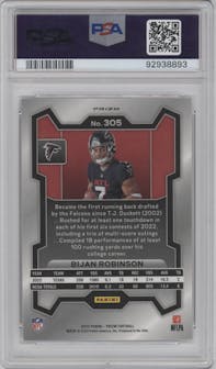 Bijan Robinson from the 2023 Panini Prizm set featuring a No Huddle parallel graded by PSA and given an overall grade of 10.