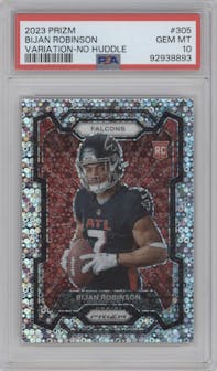 Bijan Robinson from the 2023 Panini Prizm set featuring a No Huddle parallel graded by PSA and given an overall grade of 10.