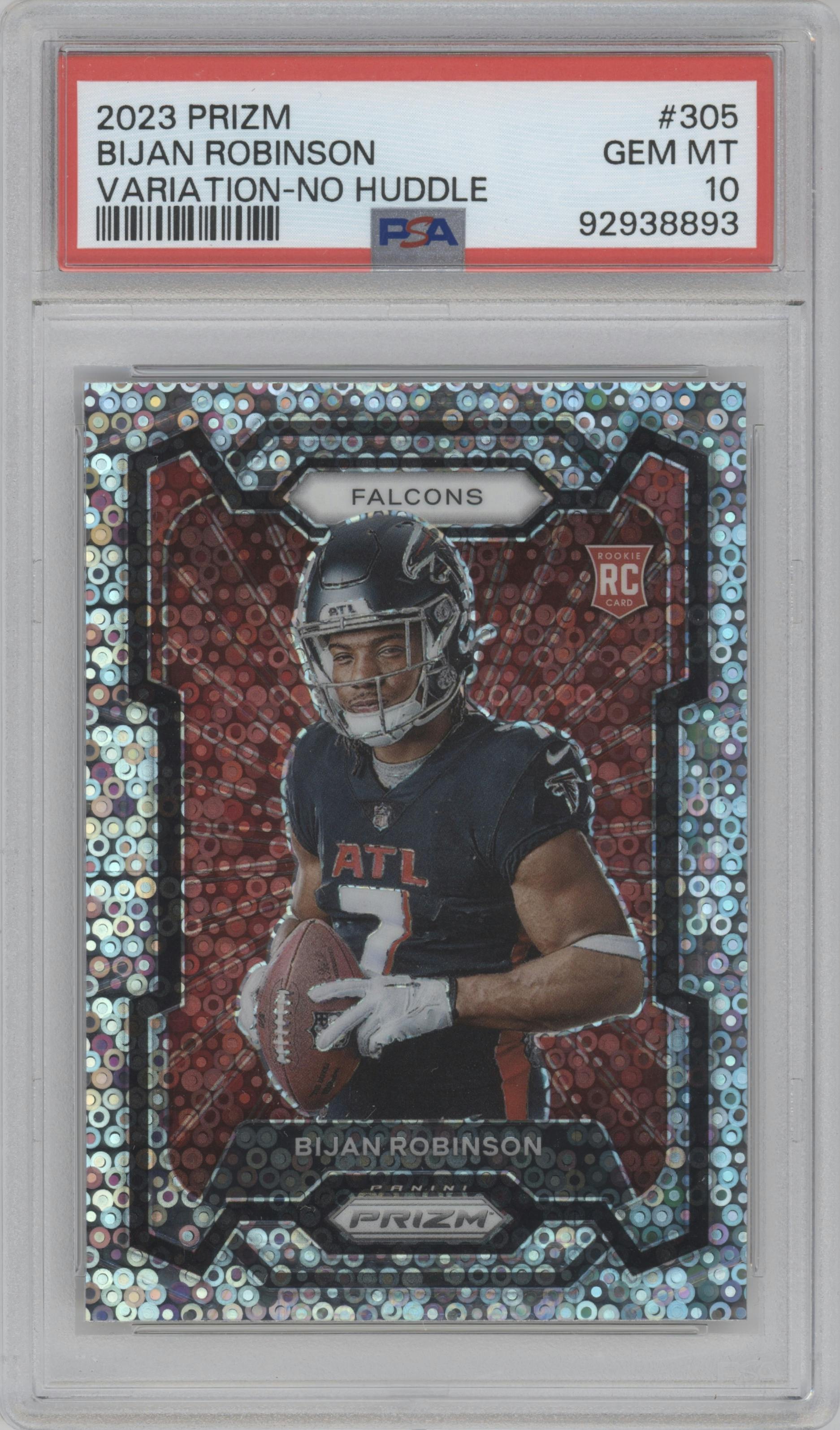 Bijan Robinson from the 2023 Panini Prizm set featuring a No Huddle parallel graded by PSA and given an overall grade of 10.