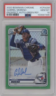 Gabriel Moreno from the 2020 Bowman Chrome set featuring a Green Refractor parallel graded by PSA and given an overall grade of 10.