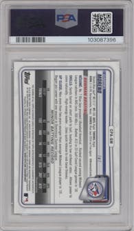 Gabriel Moreno from the 2020 Bowman Chrome set featuring a Green Refractor parallel graded by PSA and given an overall grade of 10.