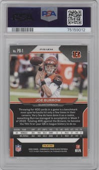 Joe Burrow from the 2020 Panini Chronicles set featuring a Silver parallel graded by PSA and given an overall grade of 9.