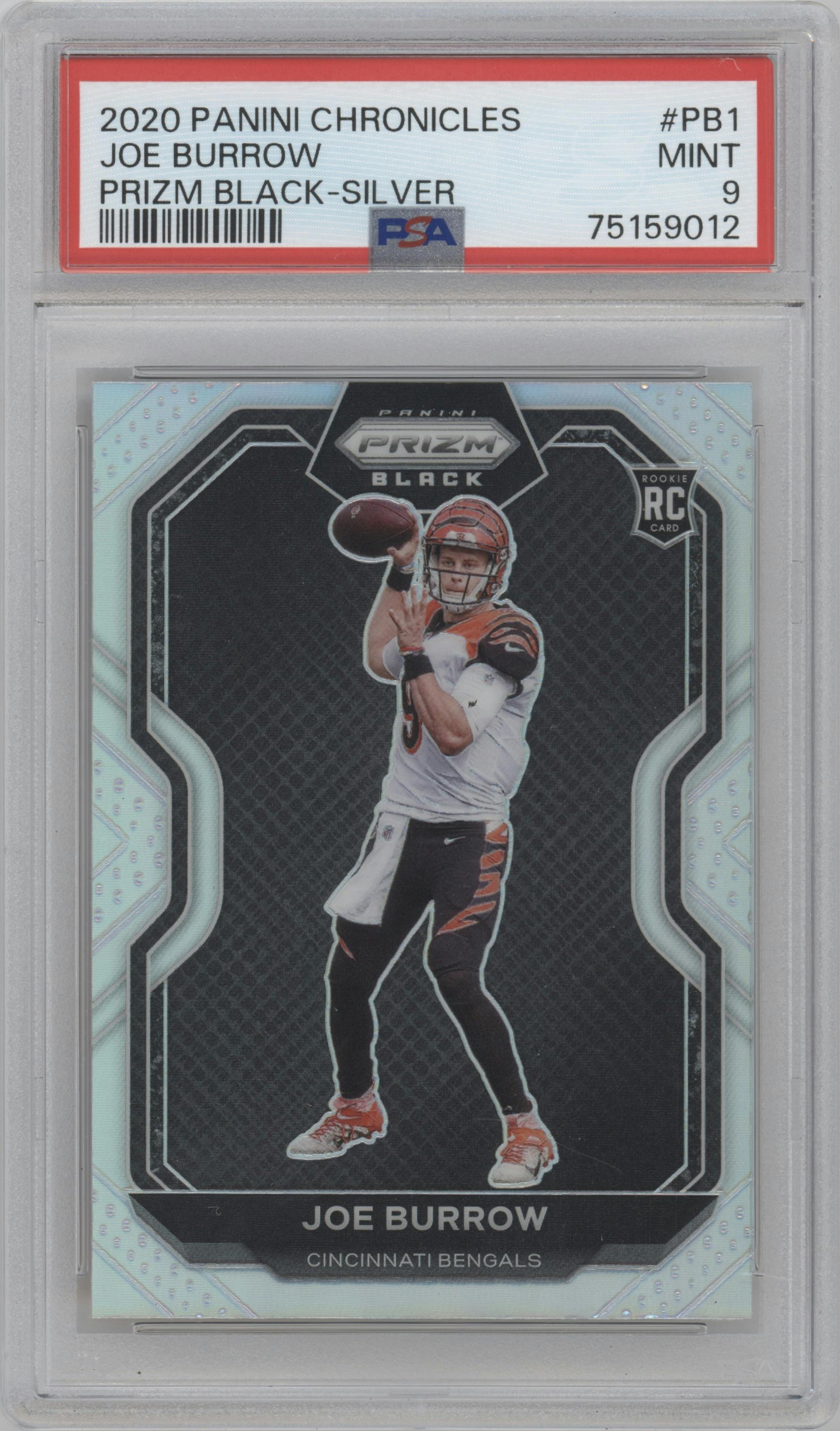 Joe Burrow from the 2020 Panini Chronicles set featuring a Silver parallel graded by PSA and given an overall grade of 9.