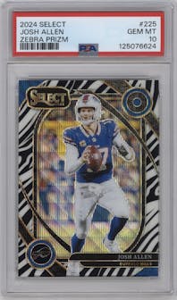 Josh Allen from the 2024 Panini Select set featuring a Zebra parallel graded by PSA and given an overall grade of 10.