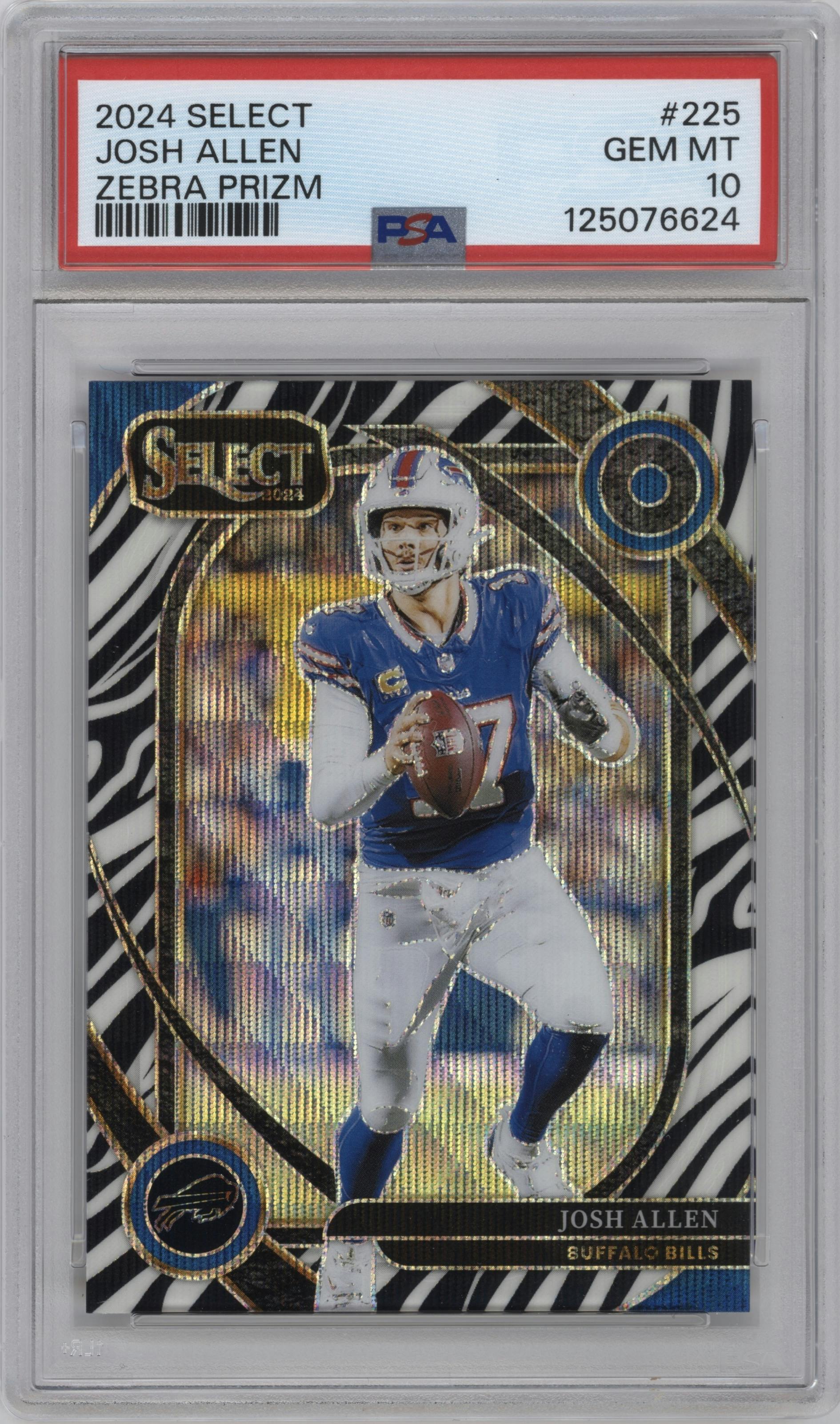 Josh Allen from the 2024 Panini Select set featuring a Zebra parallel graded by PSA and given an overall grade of 10.