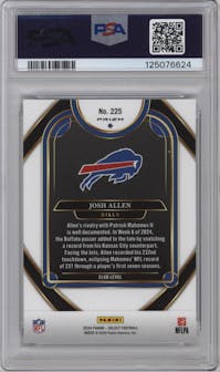 Josh Allen from the 2024 Panini Select set featuring a Zebra parallel graded by PSA and given an overall grade of 10.