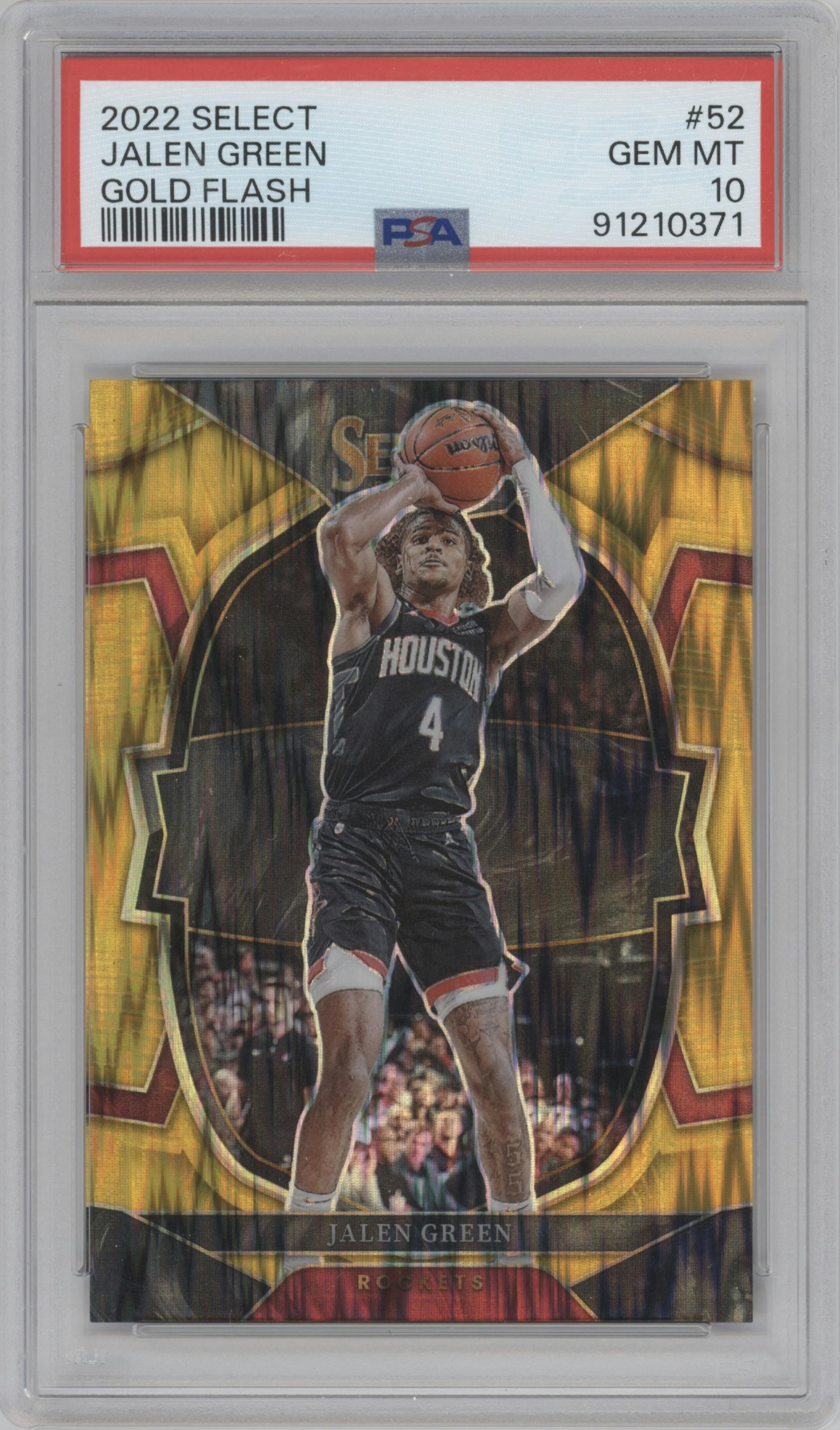 Jalen Green from the 2022-23 Panini Select set featuring a  Gold Flash parallel graded by PSA and given an overall grade of 10.