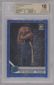 Zion Williamson from the 2019-20 Panini Donruss Optic set featuring a Fast Break Blue parallel graded by Beckett and given an overall grade of 10.