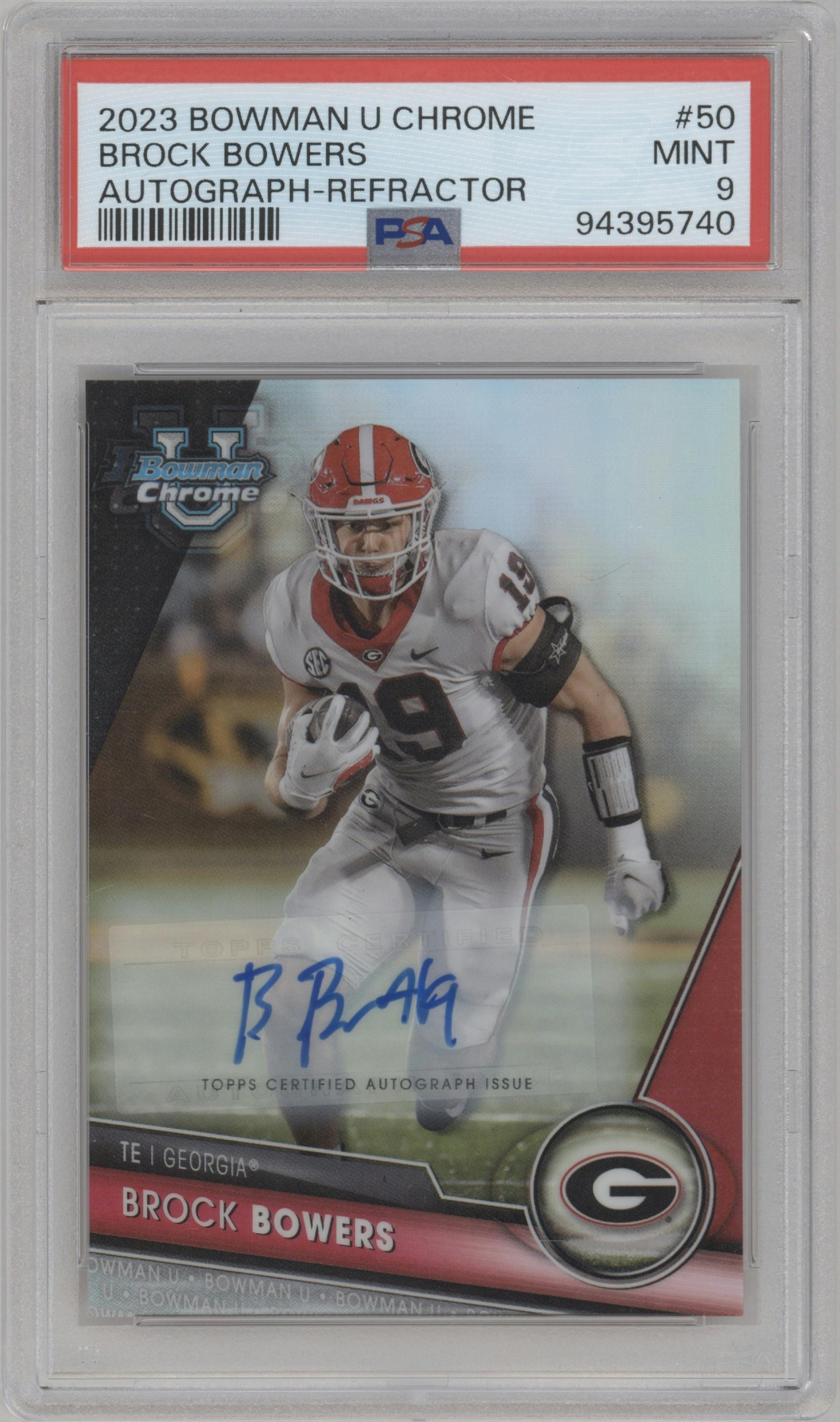 Brock Bowers from the 2023 Bowman Chrome University set featuring a Refractor parallel graded by PSA and given an overall grade of 9.