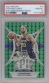 Stephen Curry from the 2023-24 Panini Mosaic set featuring a Green Mosaic parallel graded by PSA and given an overall grade of 10.