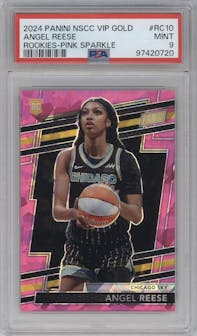 Angel Reese from the 2024 Panini The National VIP set featuring a Pink Sparkle parallel graded by PSA and given an overall grade of 9.