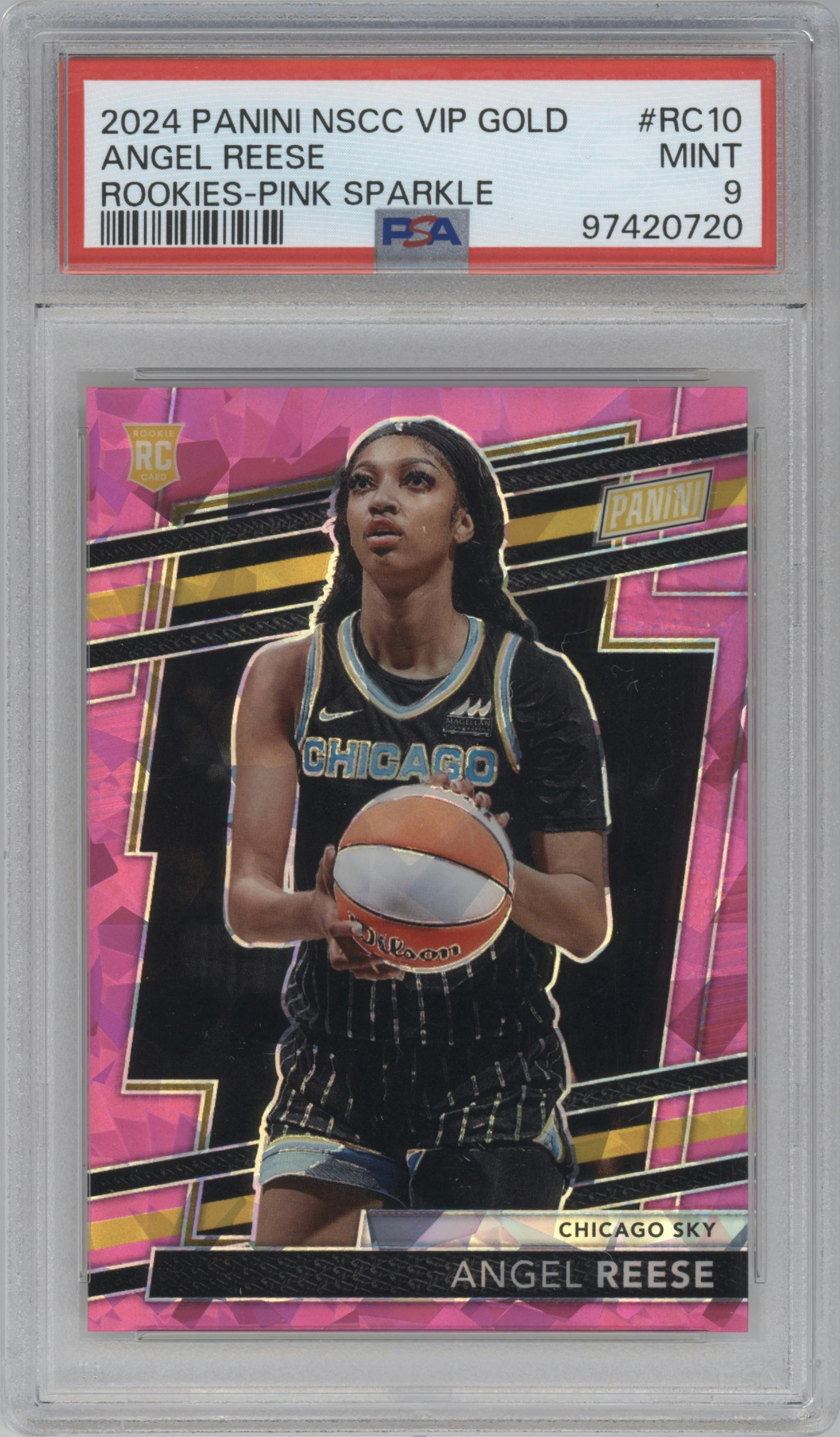 Angel Reese from the 2024 Panini The National VIP set featuring a Pink Sparkle parallel graded by PSA and given an overall grade of 9.