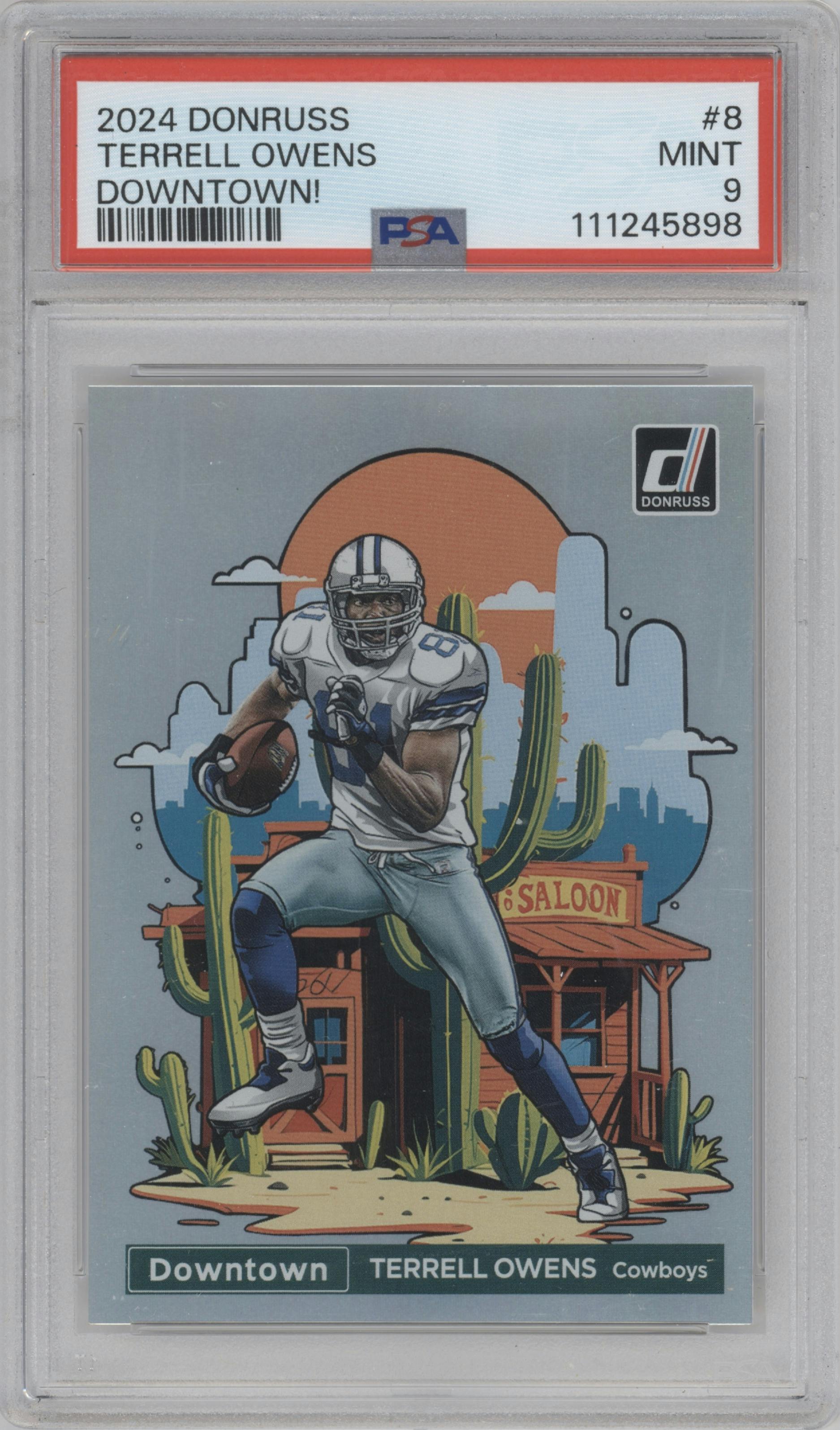 Terrell Owens from the 2024 Donruss set graded by PSA and given an overall grade of 9.