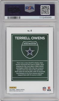 Terrell Owens from the 2024 Donruss set graded by PSA and given an overall grade of 9.