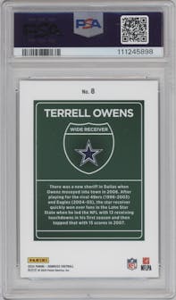 Terrell Owens from the 2024 Donruss set graded by PSA and given an overall grade of 9.