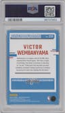 Victor Wembanyama from the 2023-24 Panini Donruss set featuring a Green Holo Laser  parallel graded by PSA and given an overall grade of 9.