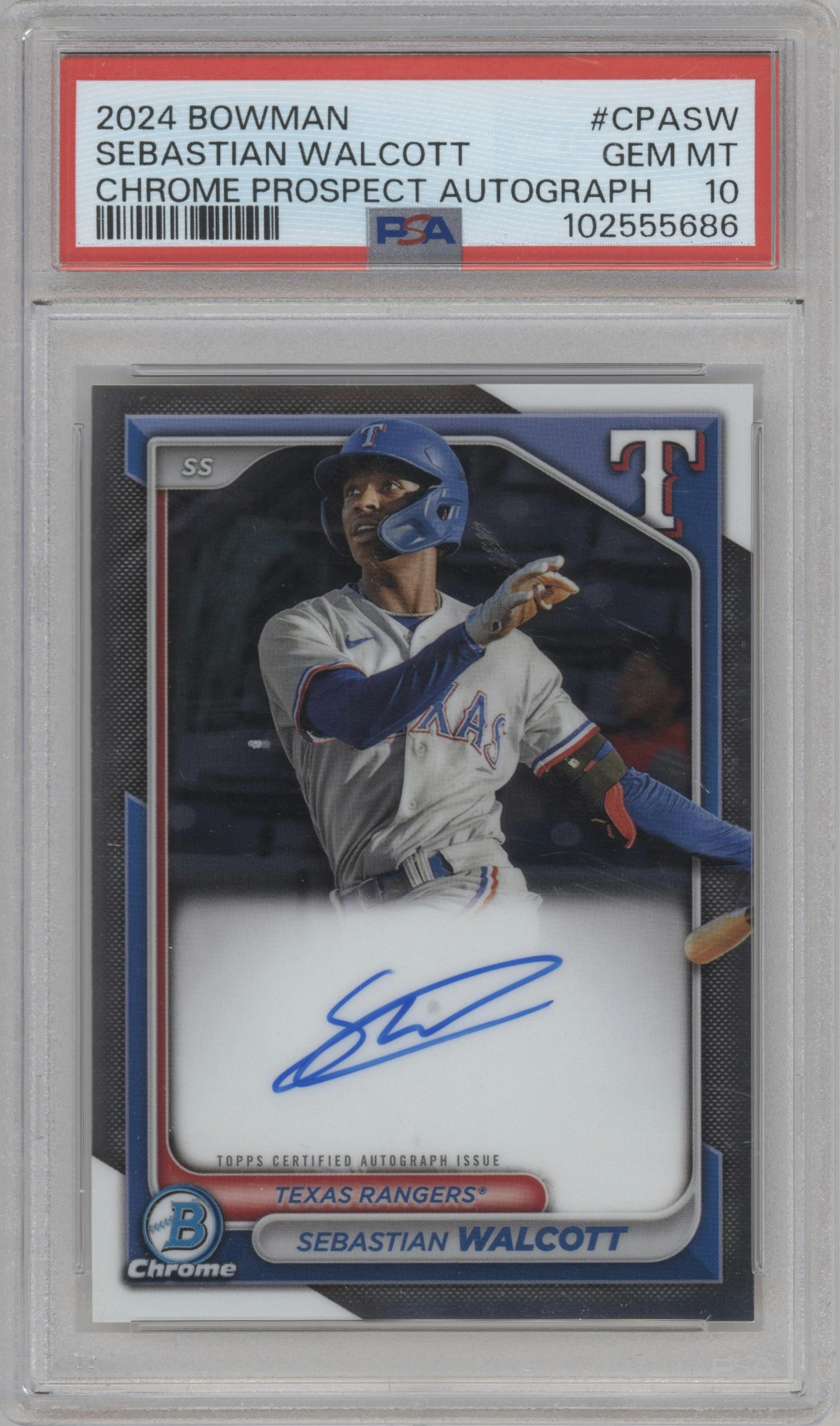 Sebastian Walcott from the 2024 Bowman set graded by PSA and given an overall grade of 10.