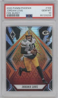 Jordan Love from the 2020 Panini Phoenix set featuring a Fire Burst parallel graded by PSA and given an overall grade of 10.