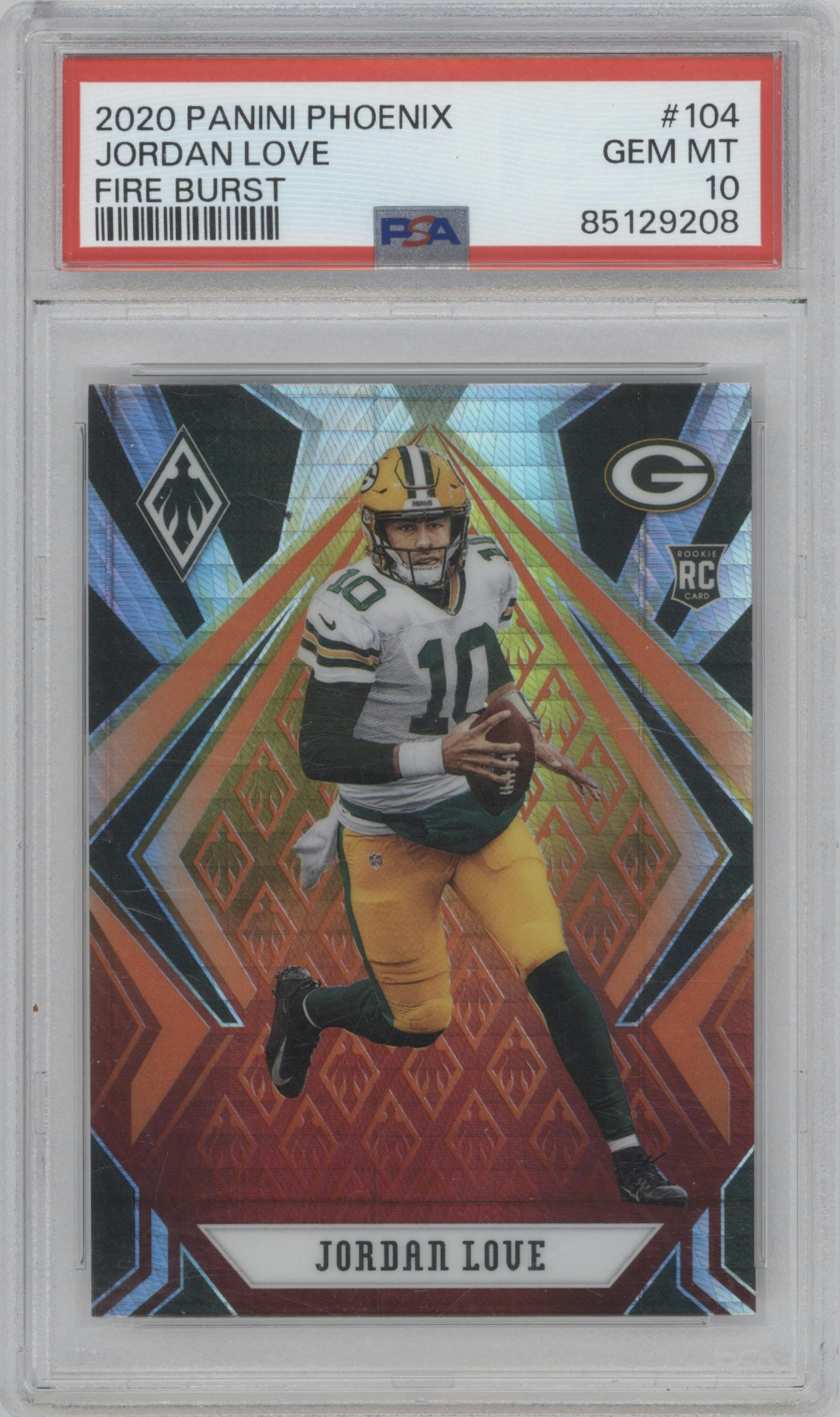 Jordan Love from the 2020 Panini Phoenix set featuring a Fire Burst parallel graded by PSA and given an overall grade of 10.