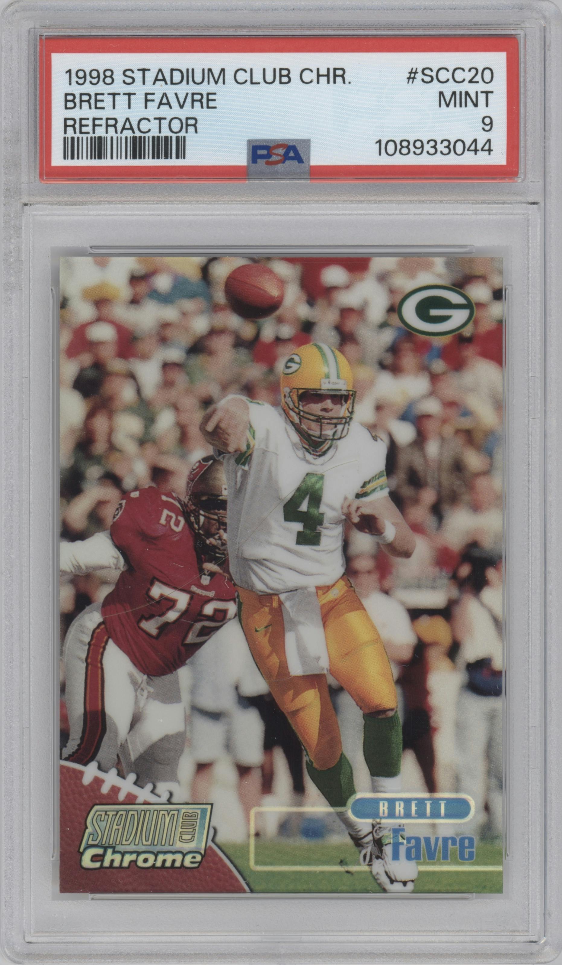 Brett Favre from the 1998 Topps Stadium Club Football set featuring a Refractor parallel graded by PSA and given an overall grade of 9.