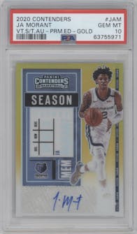 Ja Morant from the 2020-21 Panini Contenders set featuring a Premium Gold Ticket parallel graded by PSA and given an overall grade of 10.