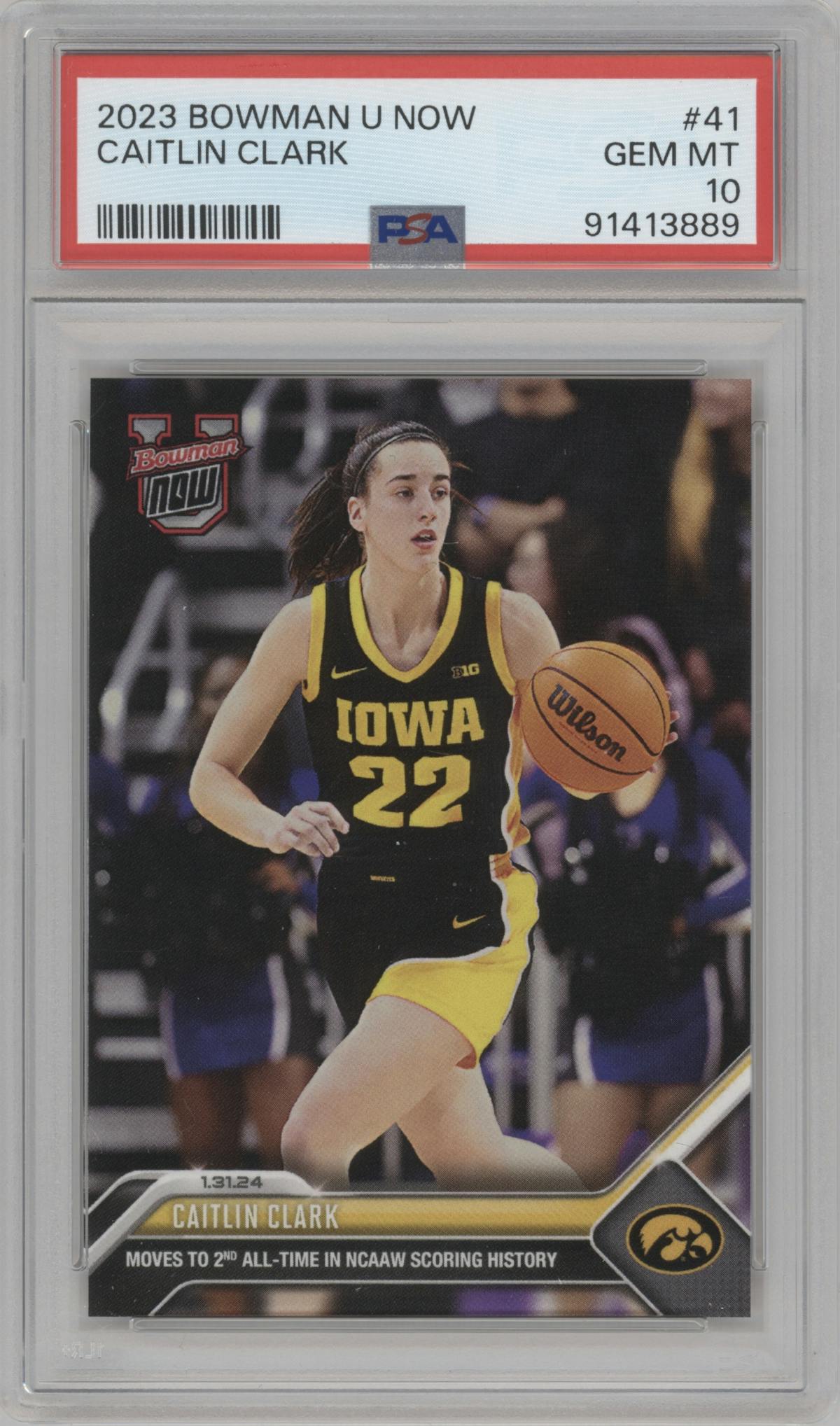 Caitlin Clark from the 2023-24 Bowman U Now set graded by PSA and given an overall grade of 10.