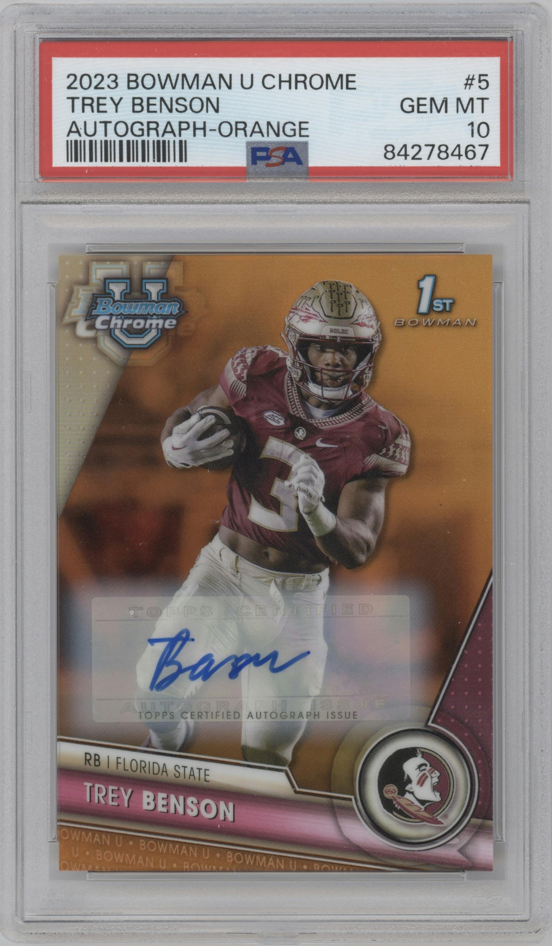 Trey Benson from the 2023 Bowman Chrome University set featuring a Orange Refractor parallel graded by PSA and given an overall grade of 10.