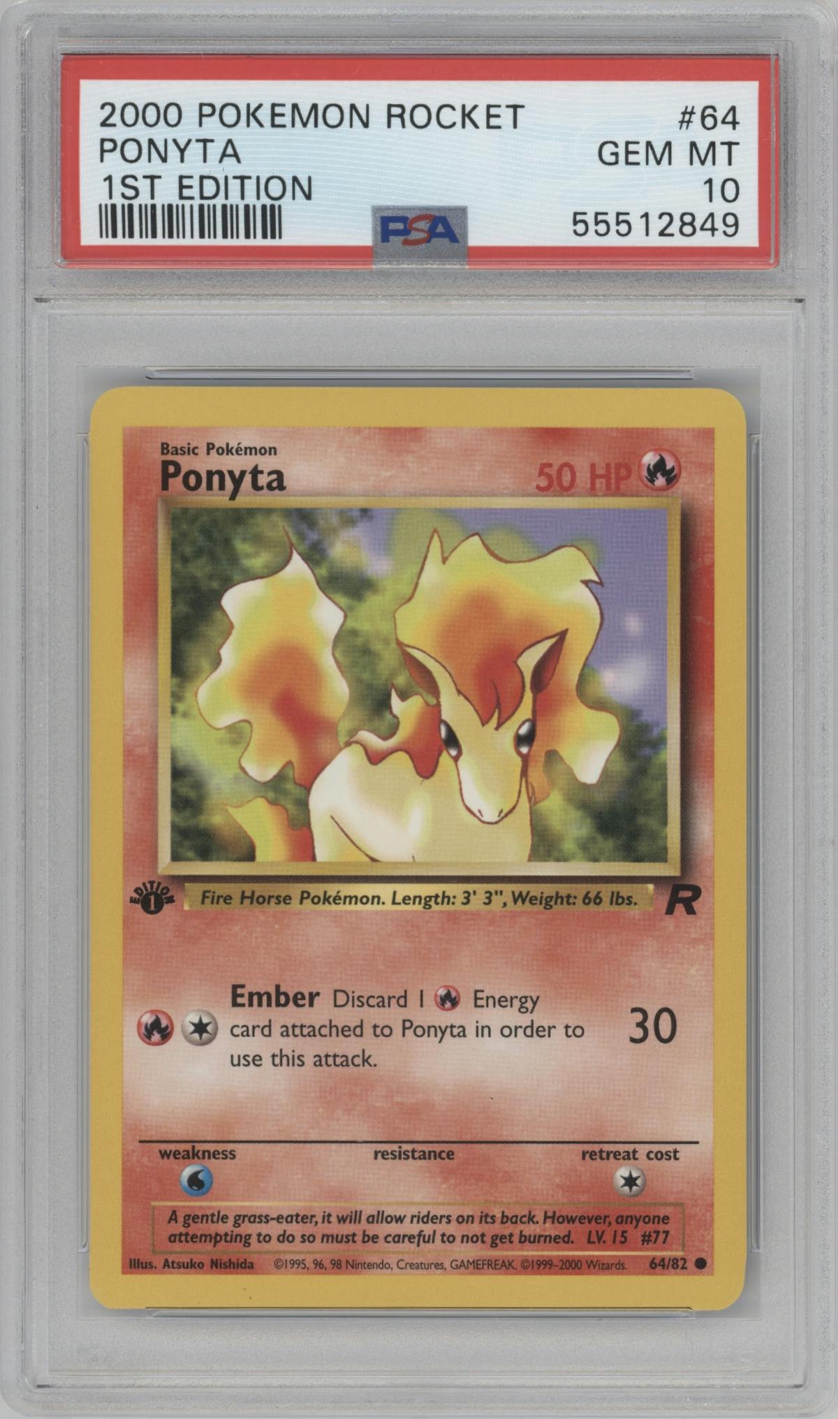 Ponyta from the 2000 Pokemon set graded by PSA and given an overall grade of 10.