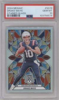 Drake Maye from the 2024 Panini Mosaic set graded by PSA and given an overall grade of 10.