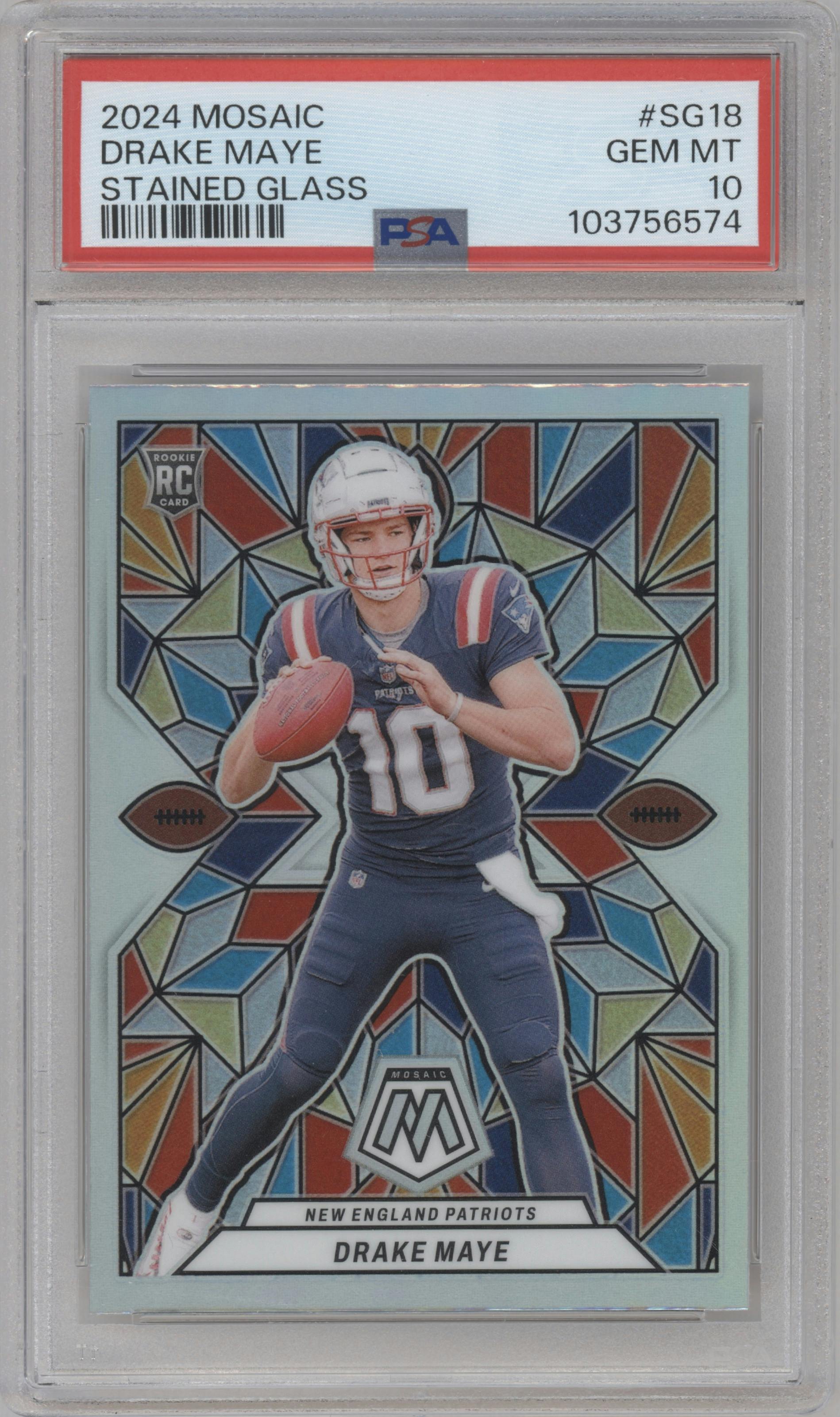Drake Maye from the 2024 Panini Mosaic set graded by PSA and given an overall grade of 10.