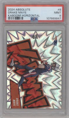 Drake Maye from the 2024 Panini Absolute set graded by PSA and given an overall grade of 9.