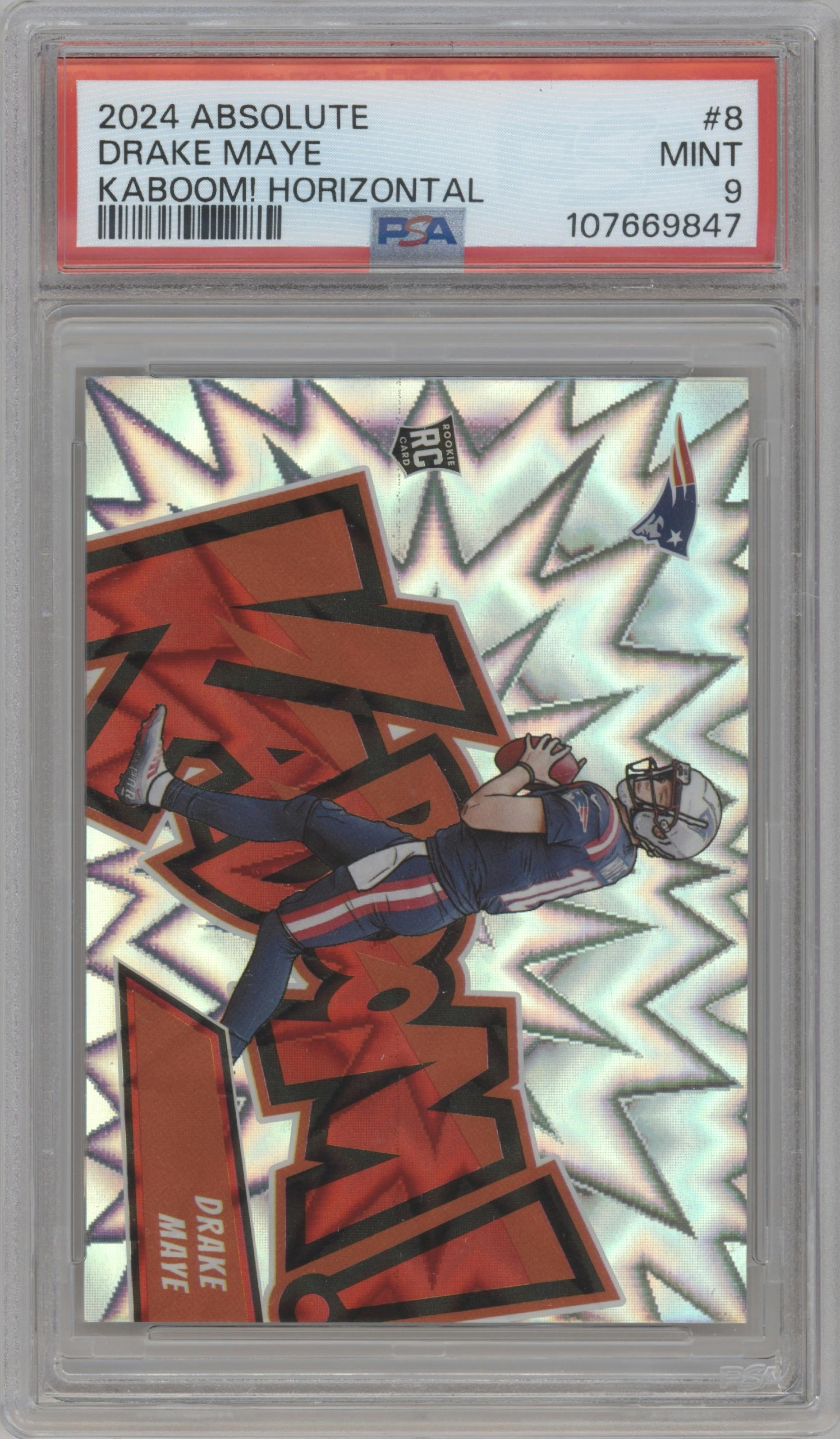 Drake Maye from the 2024 Panini Absolute set graded by PSA and given an overall grade of 9.