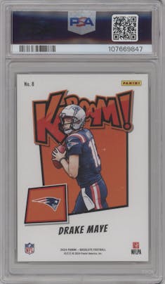 Drake Maye from the 2024 Panini Absolute set graded by PSA and given an overall grade of 9.
