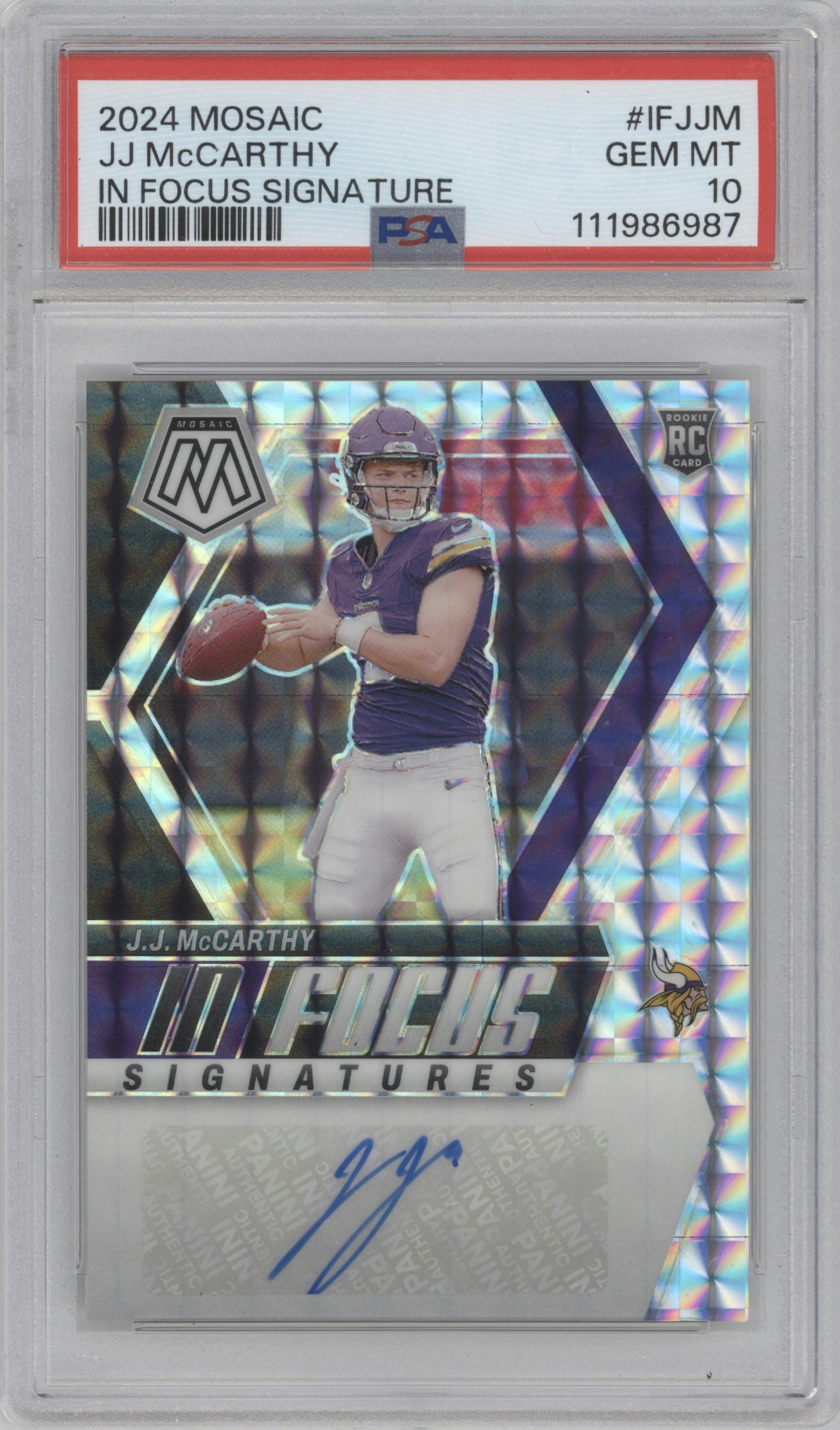 J.J. McCarthy from the 2024 Panini Mosaic set graded by PSA and given an overall grade of 10.