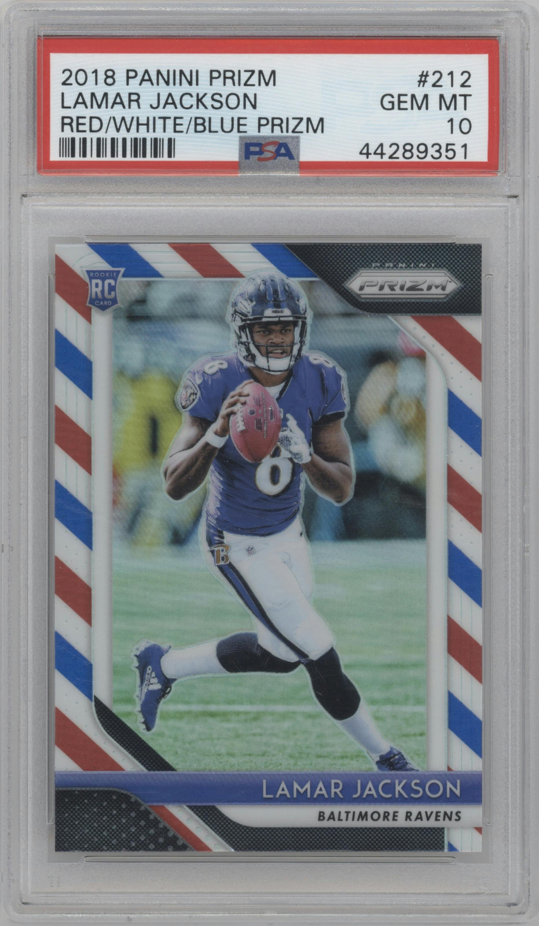 Lamar Jackson from the 2018 Panini Prizm set featuring a Red/White/Blue Prizm parallel graded by PSA and given an overall grade of 10.