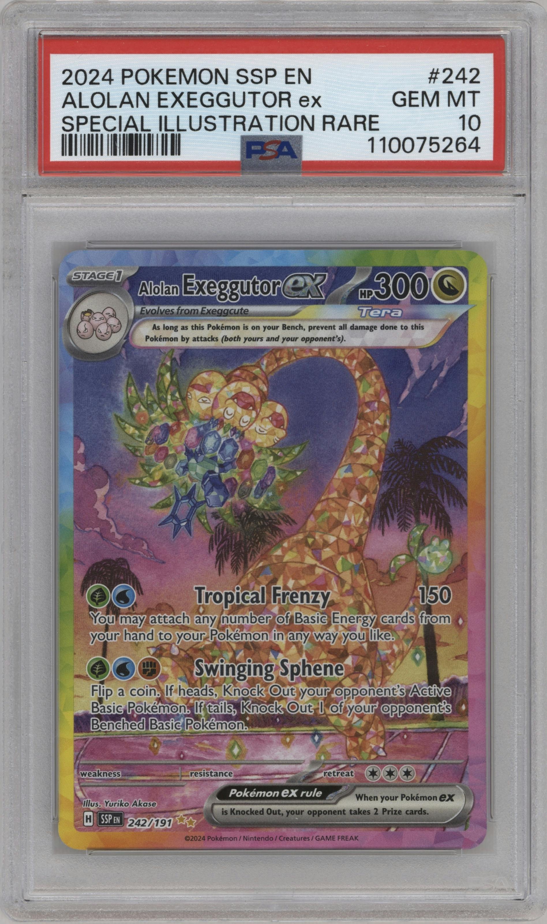 Alolan Exeggutor ex from the 2024 Pokemon SV set graded by PSA and given an overall grade of 10.