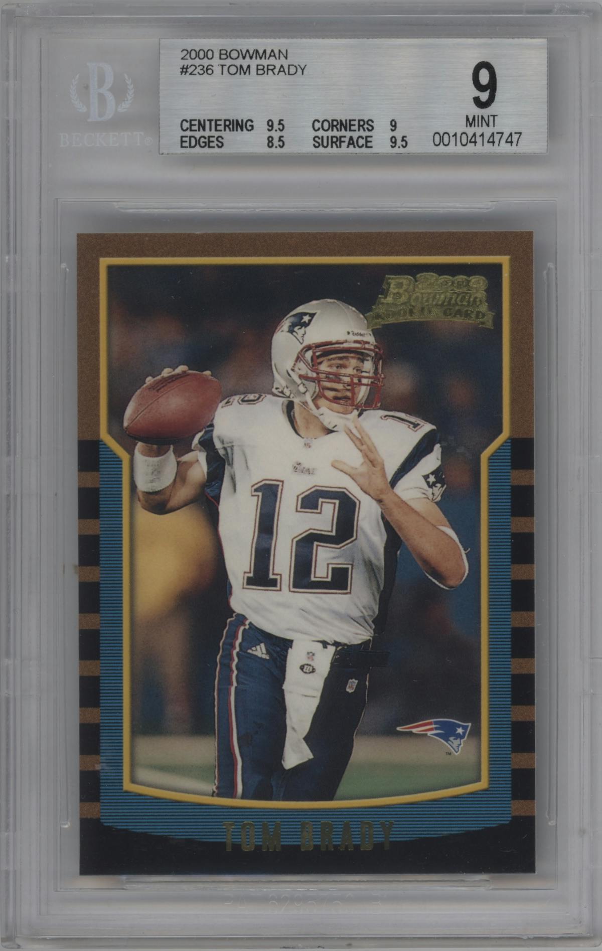 Tom Brady from the 2000 Bowman set graded by Beckett and given an overall grade of 9.